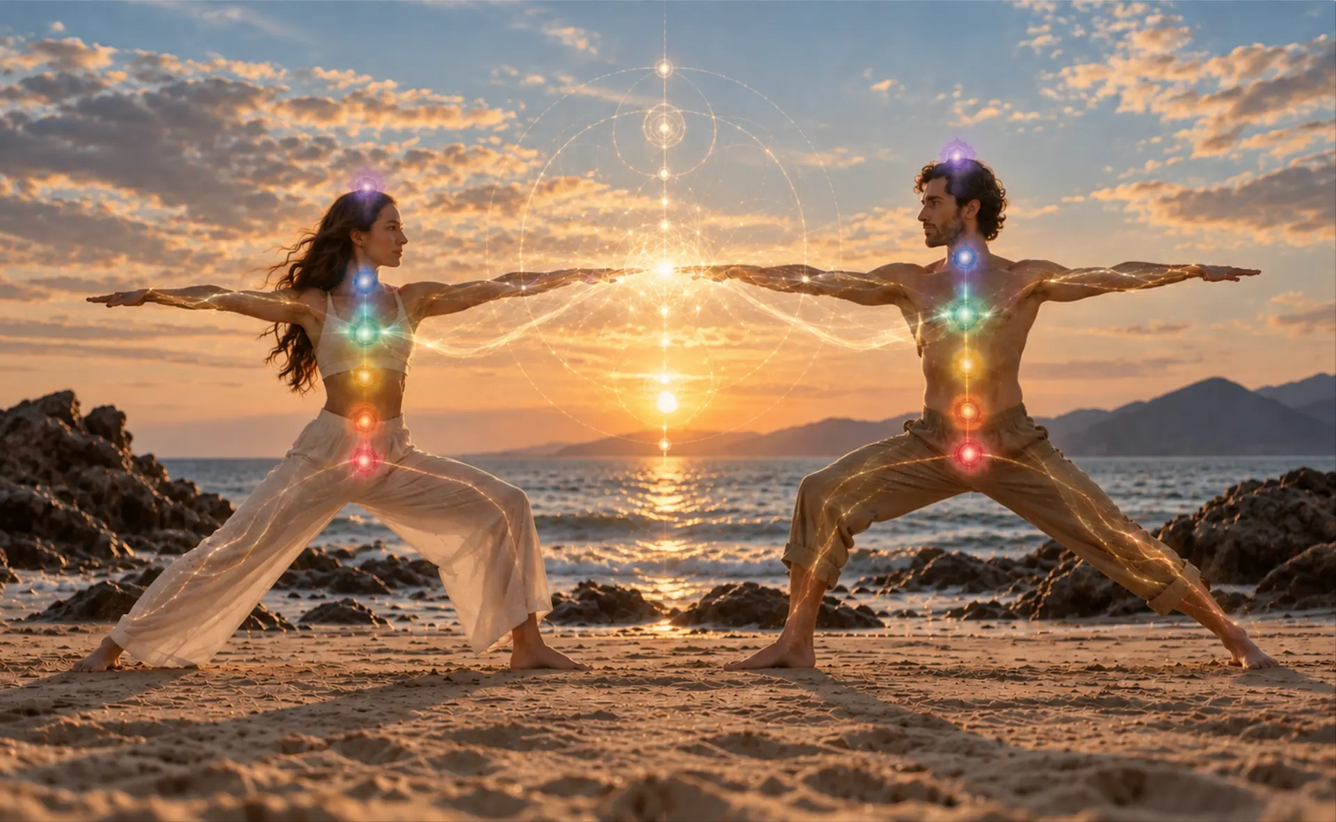 Two people practicing Awakened Earth Yoga on the beach at sunset, with the seven chakras illuminated along their bodies