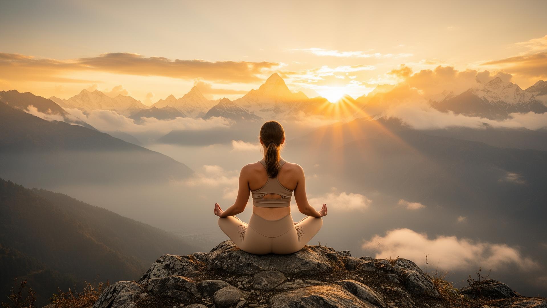 Woman in stillness at sunrise in a misty mountain valley