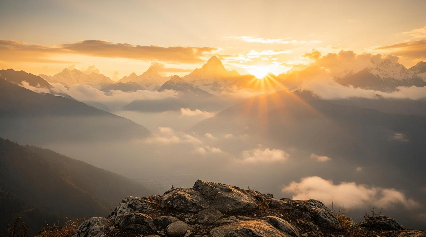 Woman in stillness at sunrise in a misty mountain valley